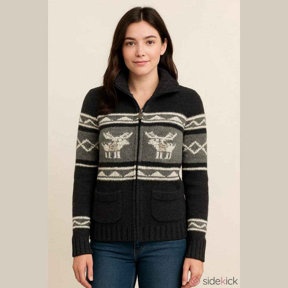 TNA Black and Gray Cowl Neck Lambswool Sweater with Reindeer Design size M